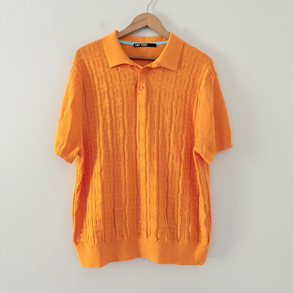 Mr Turk Polo Shirt L Orange Geometric Textured Knit Cotton Modal Short Sleeve